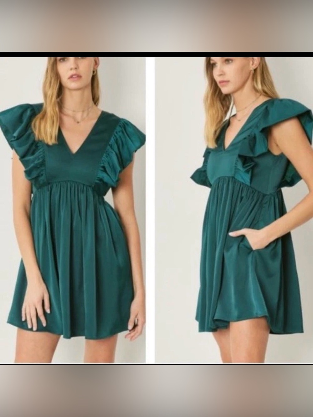 entro Teal Green satin Ruffle V-Neck Mini Dress Size L